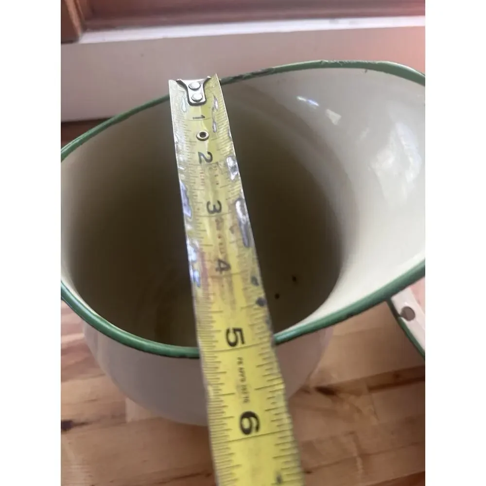 Vintage Enamelware Pitcher and Basin Wash Set Cream Green Rim Farmhouse Antique